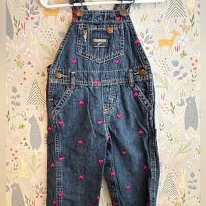 Oshkosh B’gosh Girls 12 Month Hot Pink Heart Embroidered Denim Vestbak Overalls